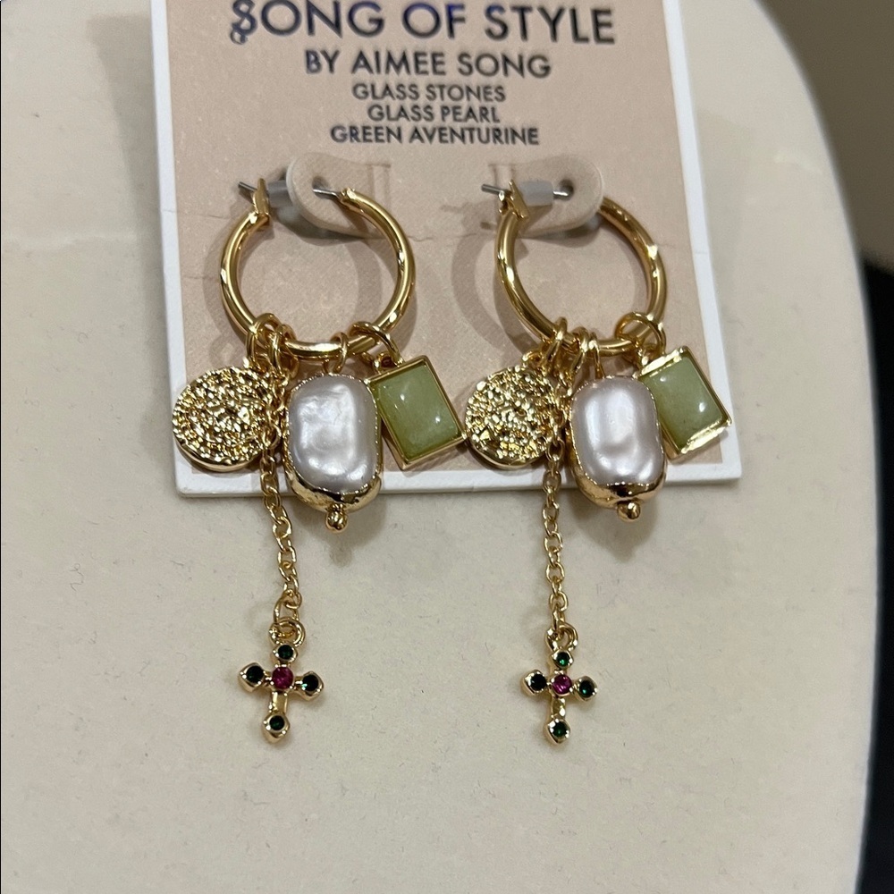 Song of Style Gold and Cream Earrings with Green Accents - Picture 3 of 6